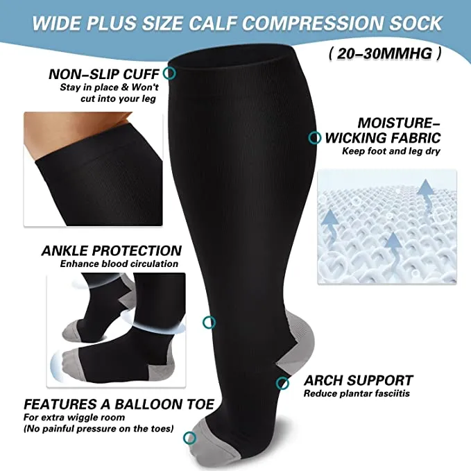 1-Pairs Black-Grey Big Calf Compression Socks for Man and Woman (20-30 mmHG）| ACTINPUT