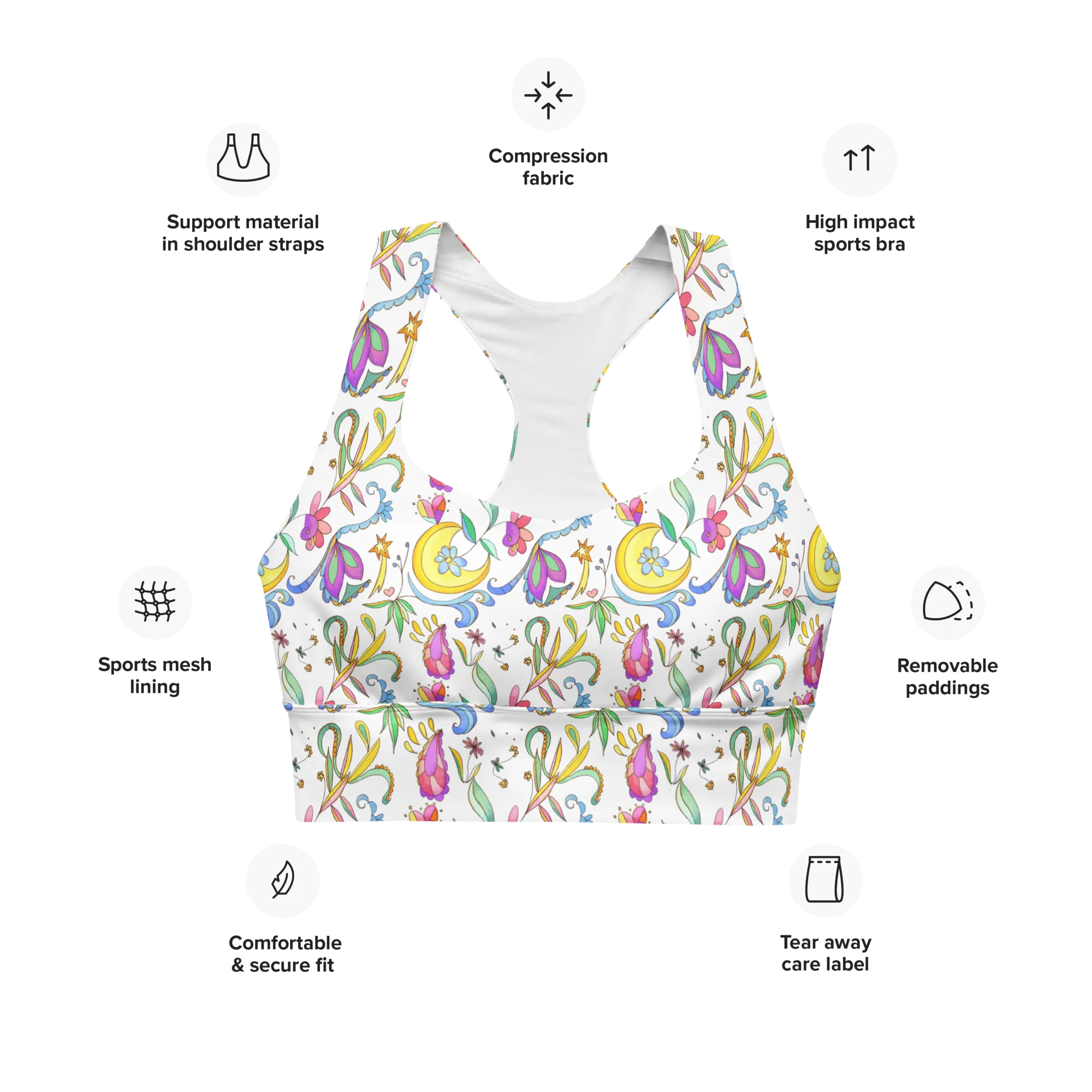 African Elephant Longline Sports Bra (Background Print-White)