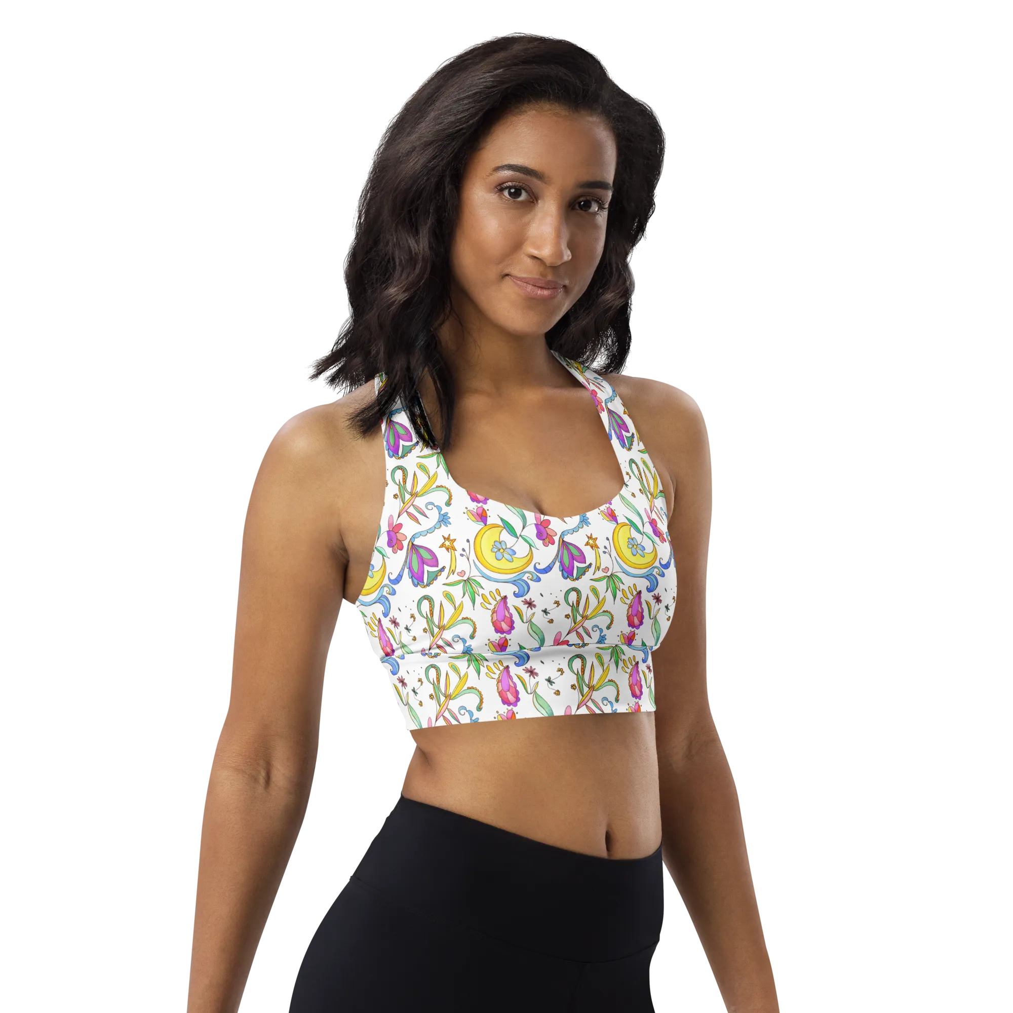 African Elephant Longline Sports Bra (Background Print-White)