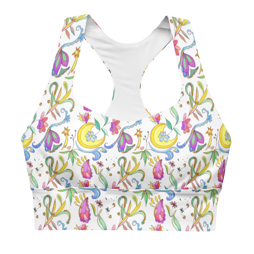 African Elephant Longline Sports Bra (Background Print-White)