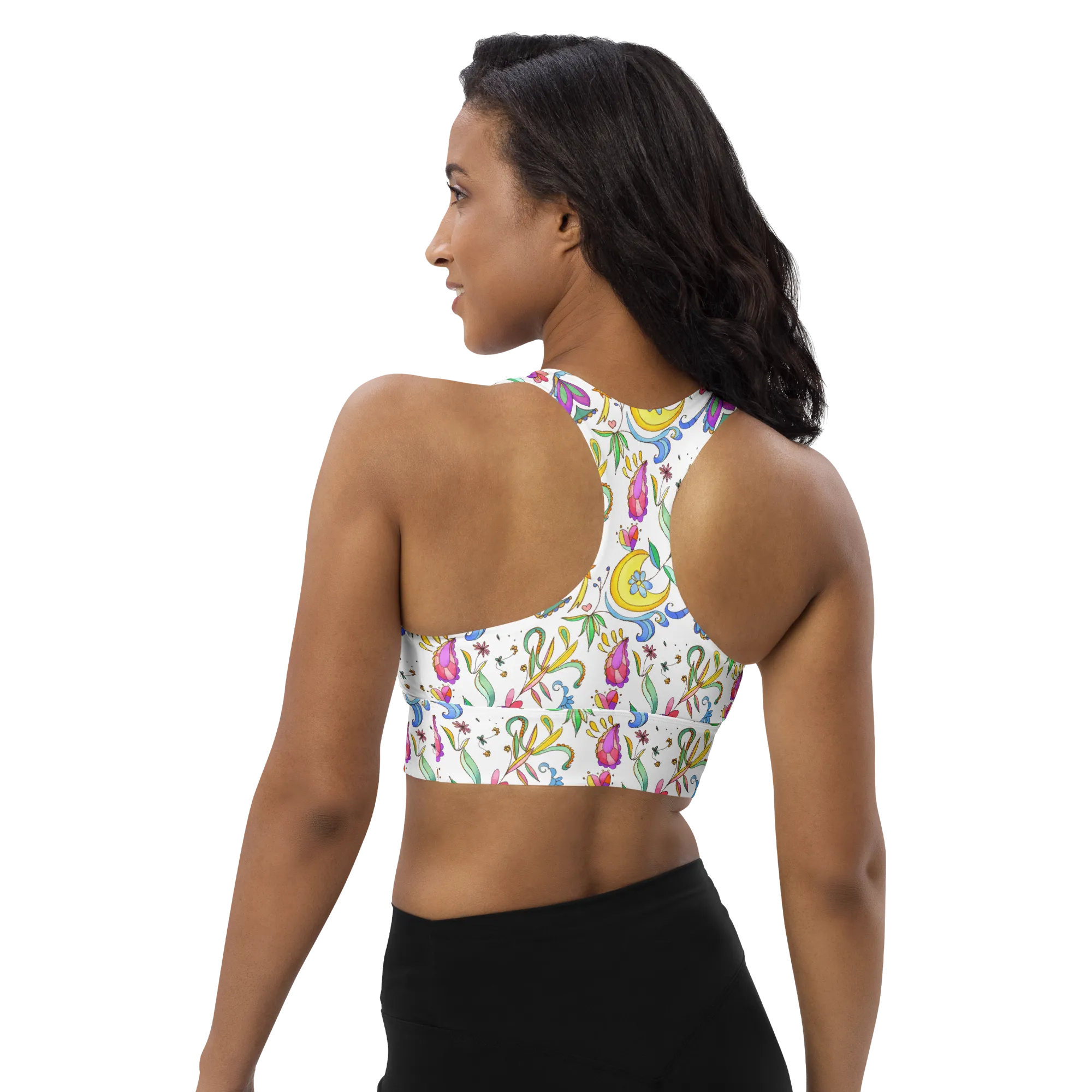 African Elephant Longline Sports Bra (Background Print-White)