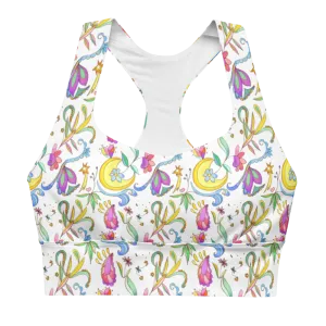 African Elephant Longline Sports Bra (Background Print-White)