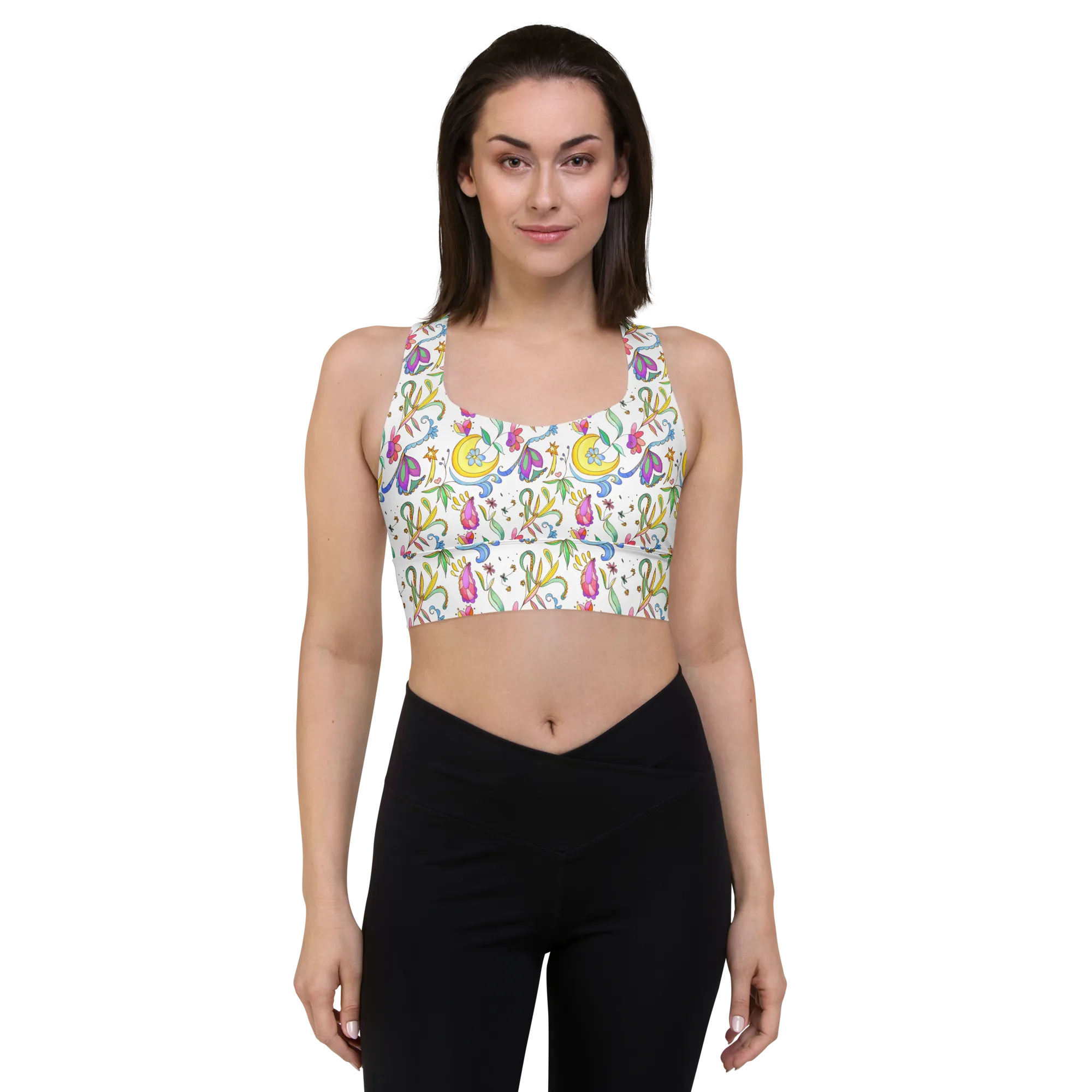 African Elephant Longline Sports Bra (Background Print-White)