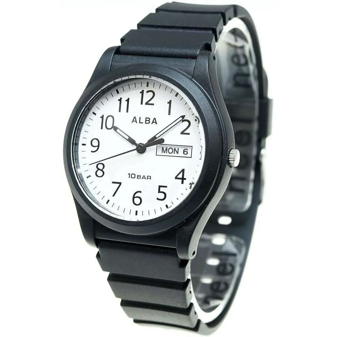 ALBA SPORTS ANALOG BLACK RUBBER STRAP WHITE DIAL MEN WATCH AQPJ410