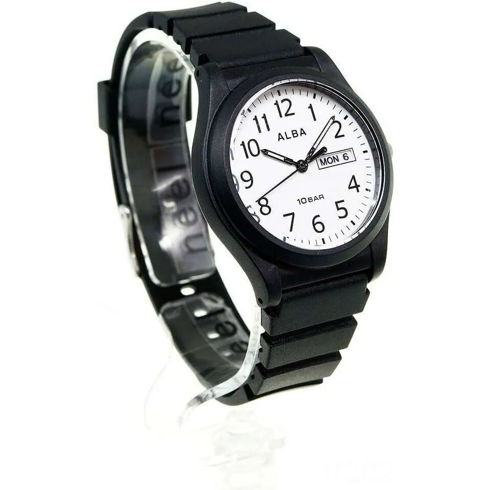 ALBA SPORTS ANALOG BLACK RUBBER STRAP WHITE DIAL MEN WATCH AQPJ410