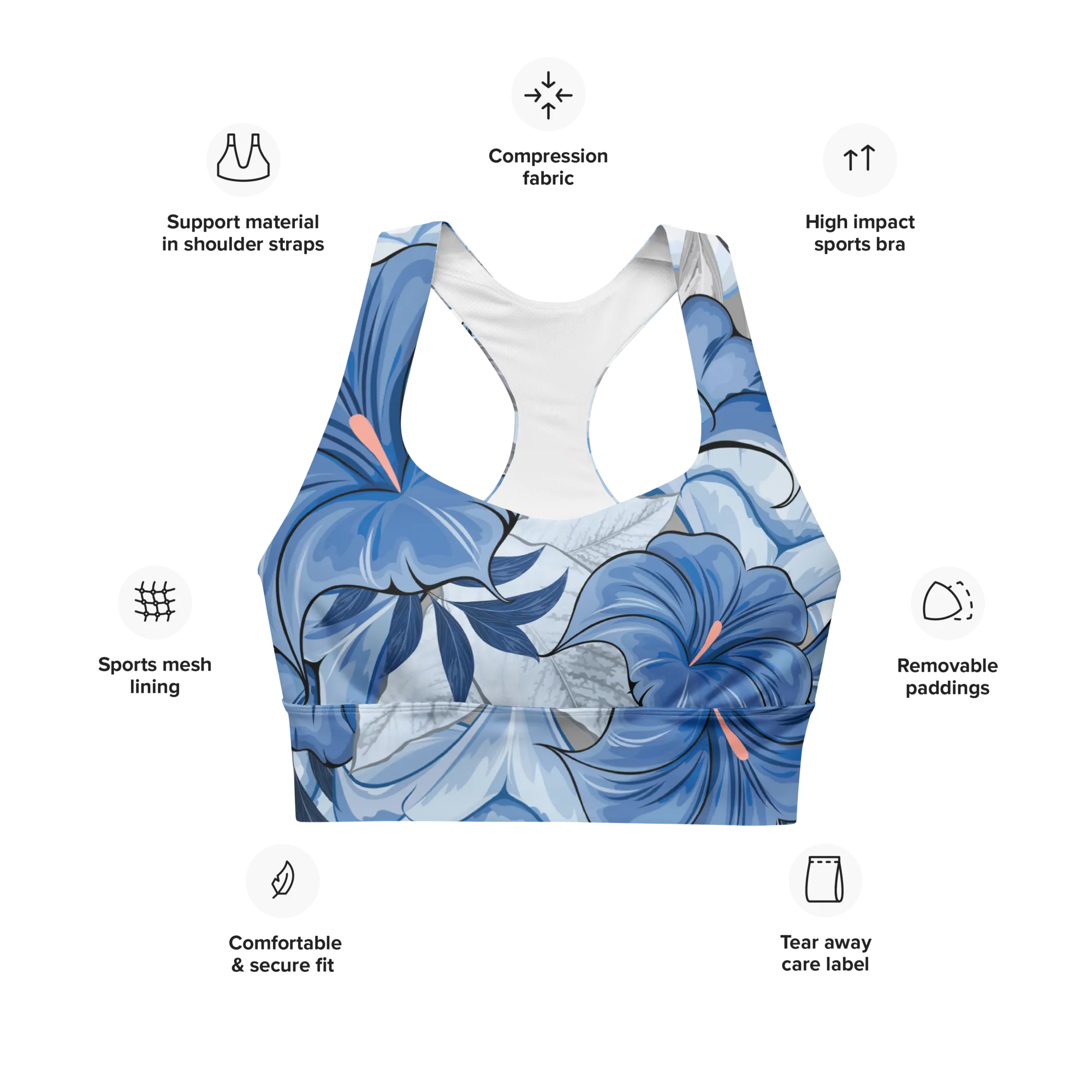 Angels Trumpet (Blue) Longline Sports Bra