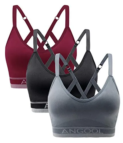 ANGOOL Women's Strappy Sports Bra with Adjustable Straps - Medium Support Longline Wirefree Activewear Bra,3 Pack,Black Grey Red,Medium