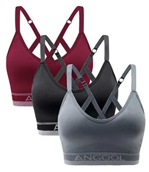 ANGOOL Women's Strappy Sports Bra with Adjustable Straps - Medium Support Longline Wirefree Activewear Bra,3 Pack,Black Grey Red,Medium