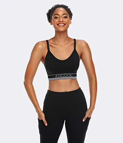 ANGOOL Women's Strappy Sports Bra with Adjustable Straps - Medium Support Longline Wirefree Activewear Bra,3 Pack,Black Grey Red,Medium