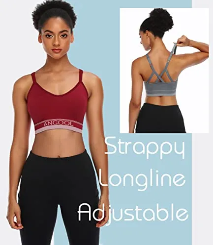 ANGOOL Women's Strappy Sports Bra with Adjustable Straps - Medium Support Longline Wirefree Activewear Bra,3 Pack,Black Grey Red,Medium