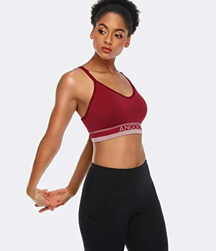 ANGOOL Women's Strappy Sports Bra with Adjustable Straps - Medium Support Longline Wirefree Activewear Bra,3 Pack,Black Grey Red,Medium