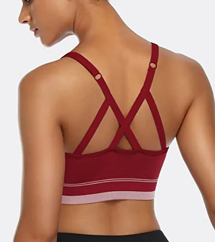 ANGOOL Women's Strappy Sports Bra with Adjustable Straps - Medium Support Longline Wirefree Activewear Bra,3 Pack,Black Grey Red,Medium