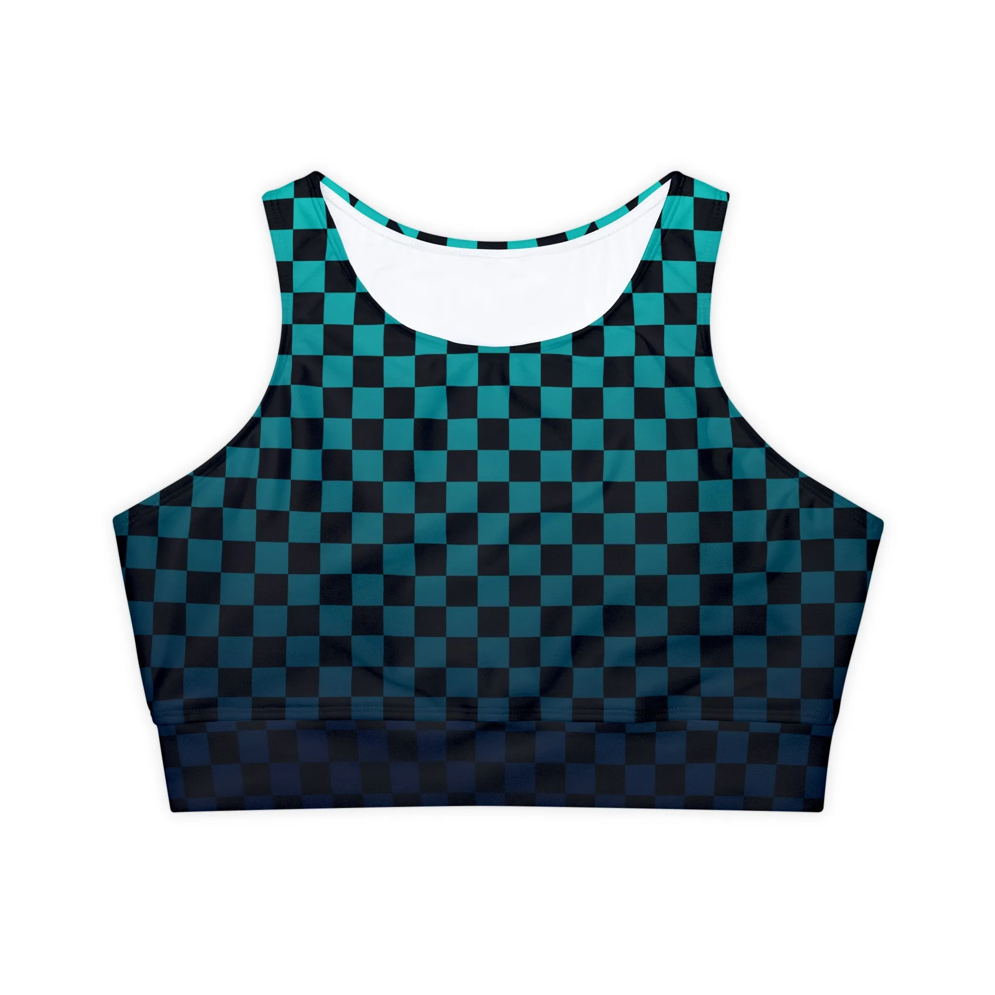Black and Teal Checkerboard Fully Lined, Padded Sports Bra, Black and White Sports Bra, Lined Athletic Top, Fitness Apparel
