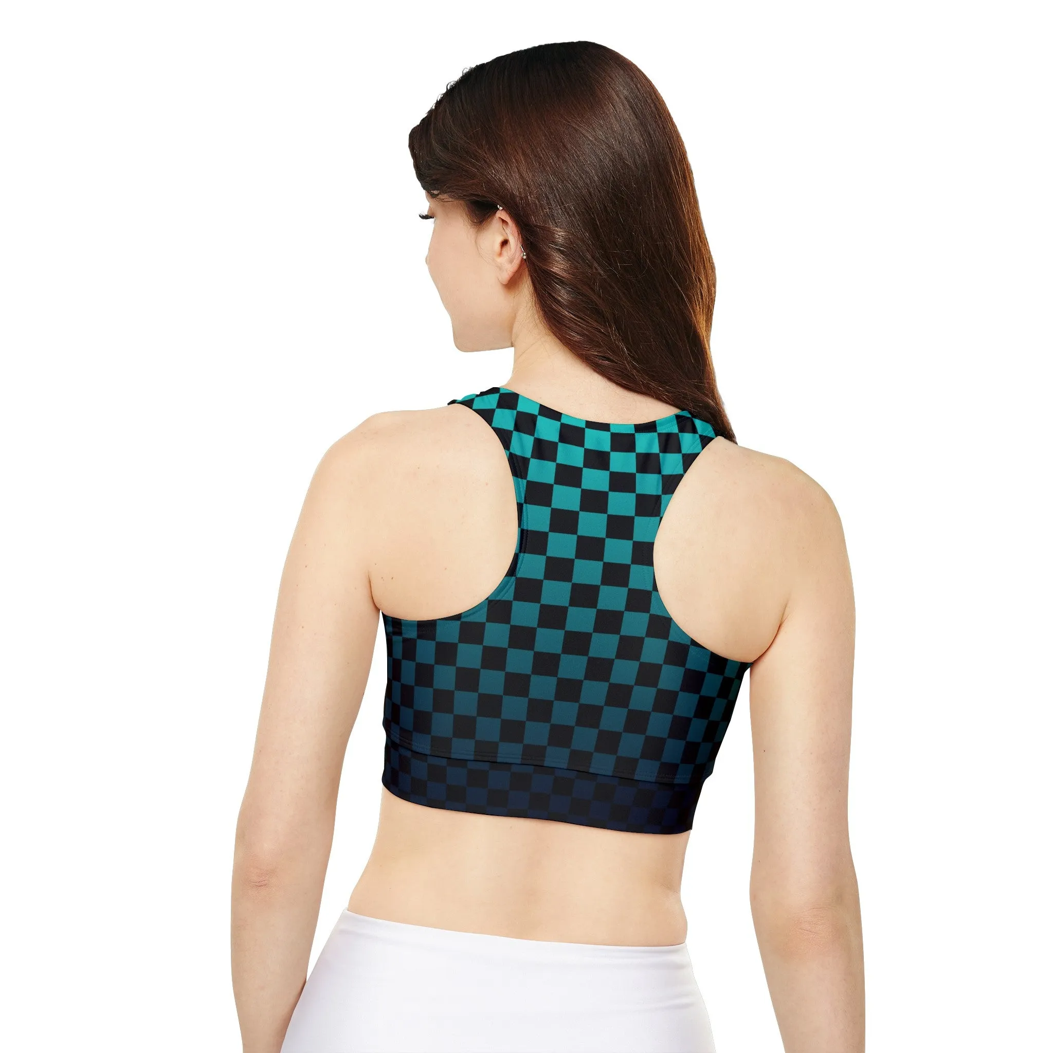 Black and Teal Checkerboard Fully Lined, Padded Sports Bra, Black and White Sports Bra, Lined Athletic Top, Fitness Apparel