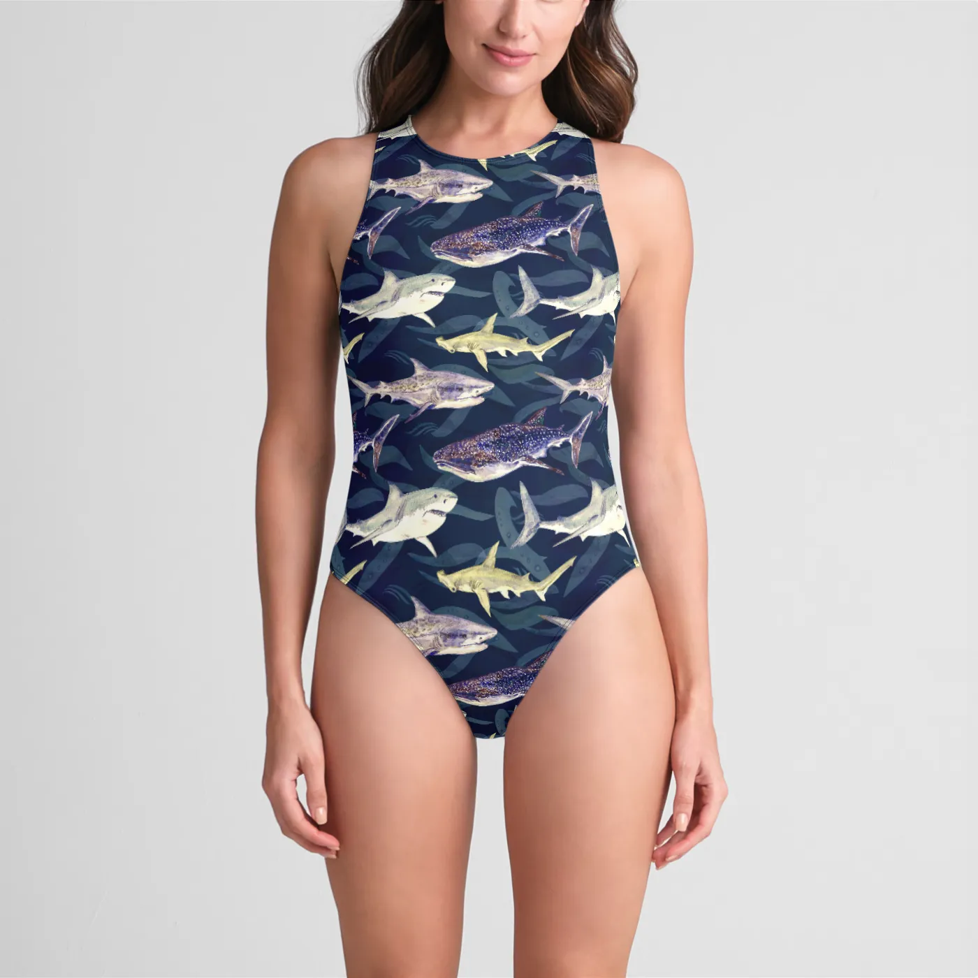 Blue Sharks One-Piece Zip-back Swimsuit UPF 50 