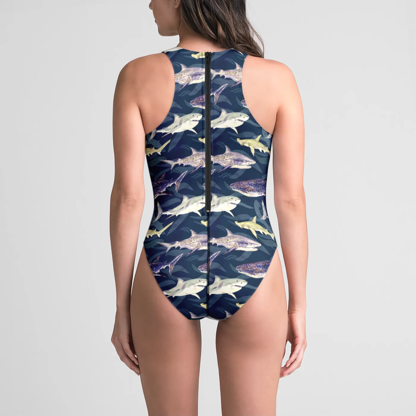 Blue Sharks One-Piece Zip-back Swimsuit UPF 50 