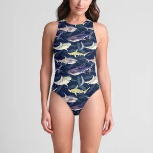 Blue Sharks One-Piece Zip-back Swimsuit UPF 50 