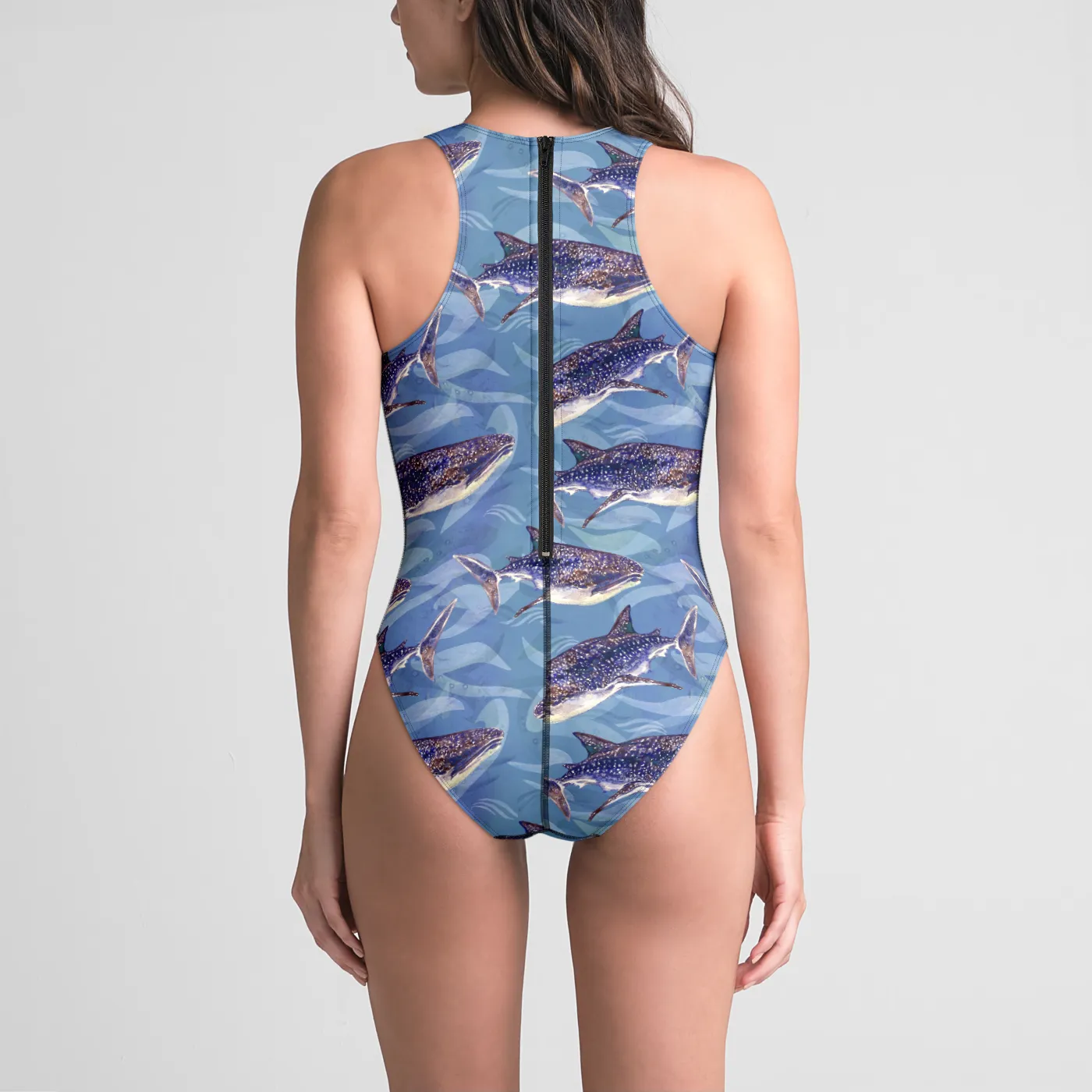 Blue Whale Shark One-Piece Zip-back Swimsuit UPF 50 