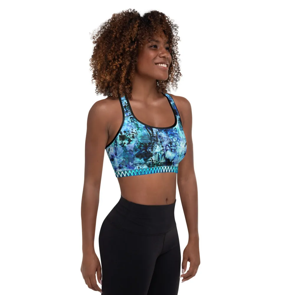 Blues and Black Watercolor Splash - Padded Sports Bra