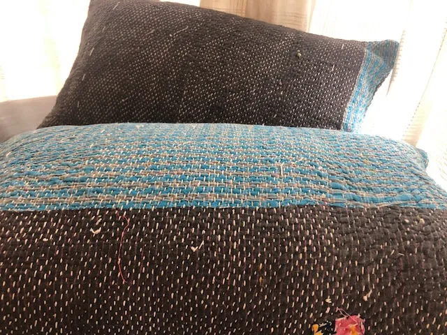 Brown-Blue trim Kantha Cushion Cover