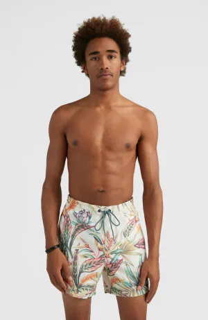 Cali Print 15'' Badehose | White Tropical Flower