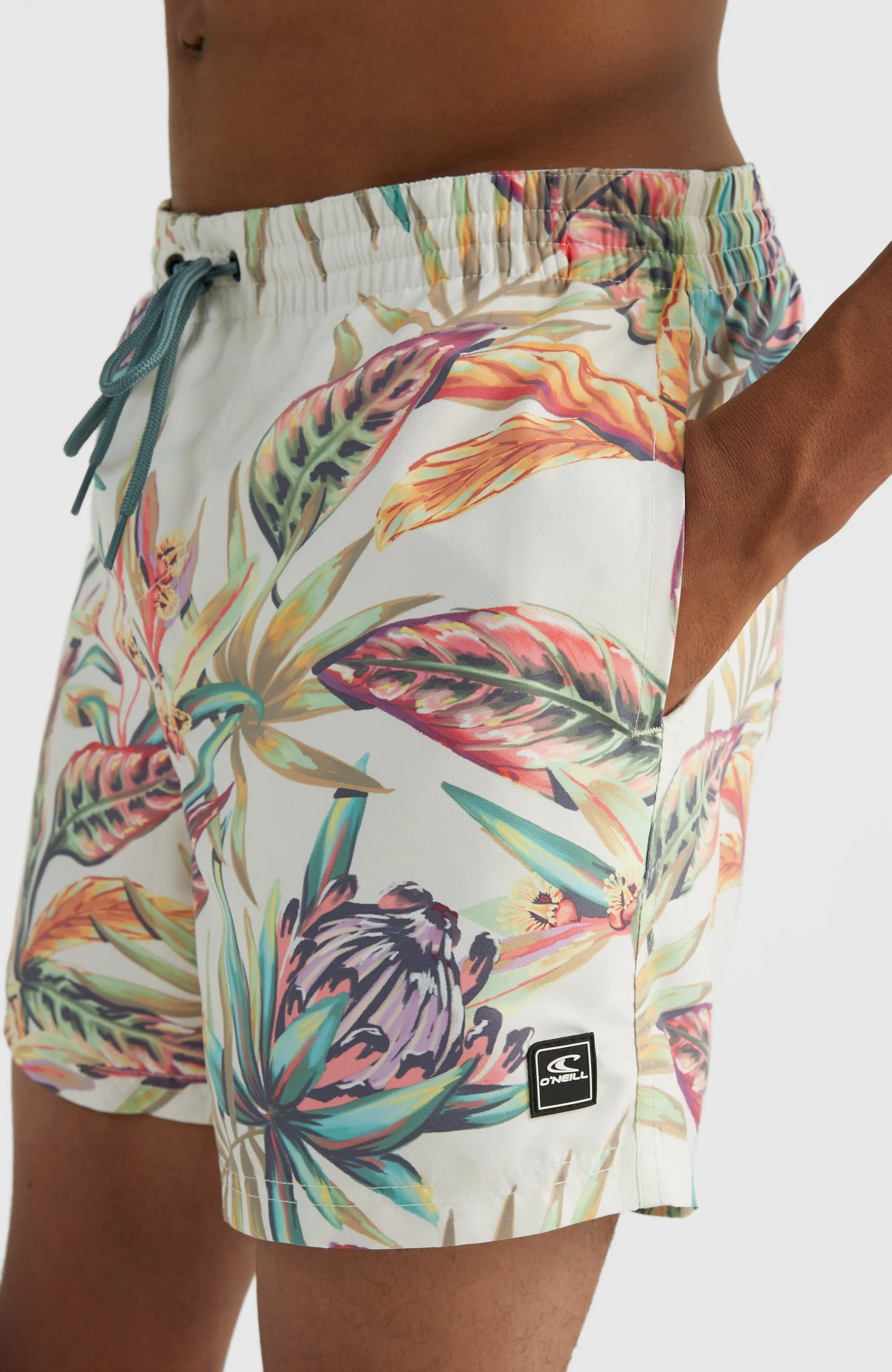 Cali Print 15'' Badehose | White Tropical Flower