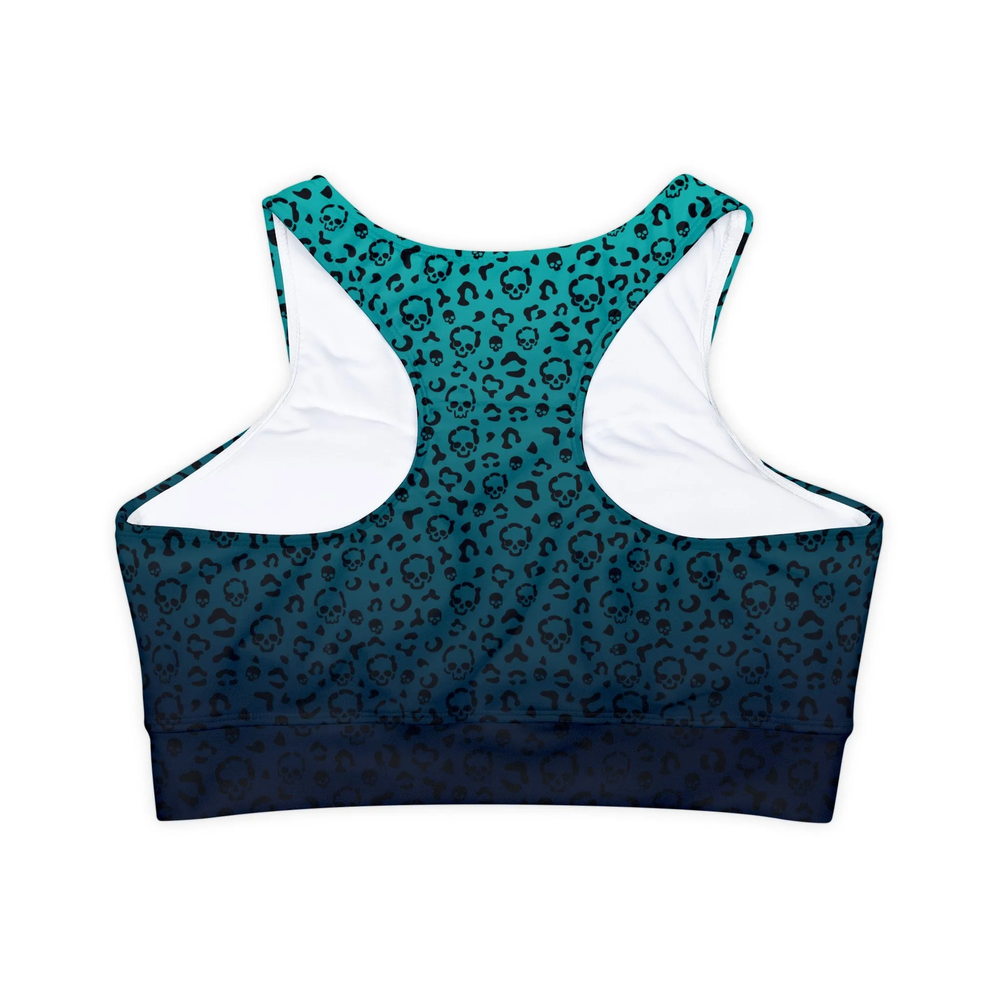 Cheetah Skull in Blue Fully Lined, Padded Sports Bra, Blue Leopard Print Sports Bra, Lined Athletic Top, Fitness Apparel