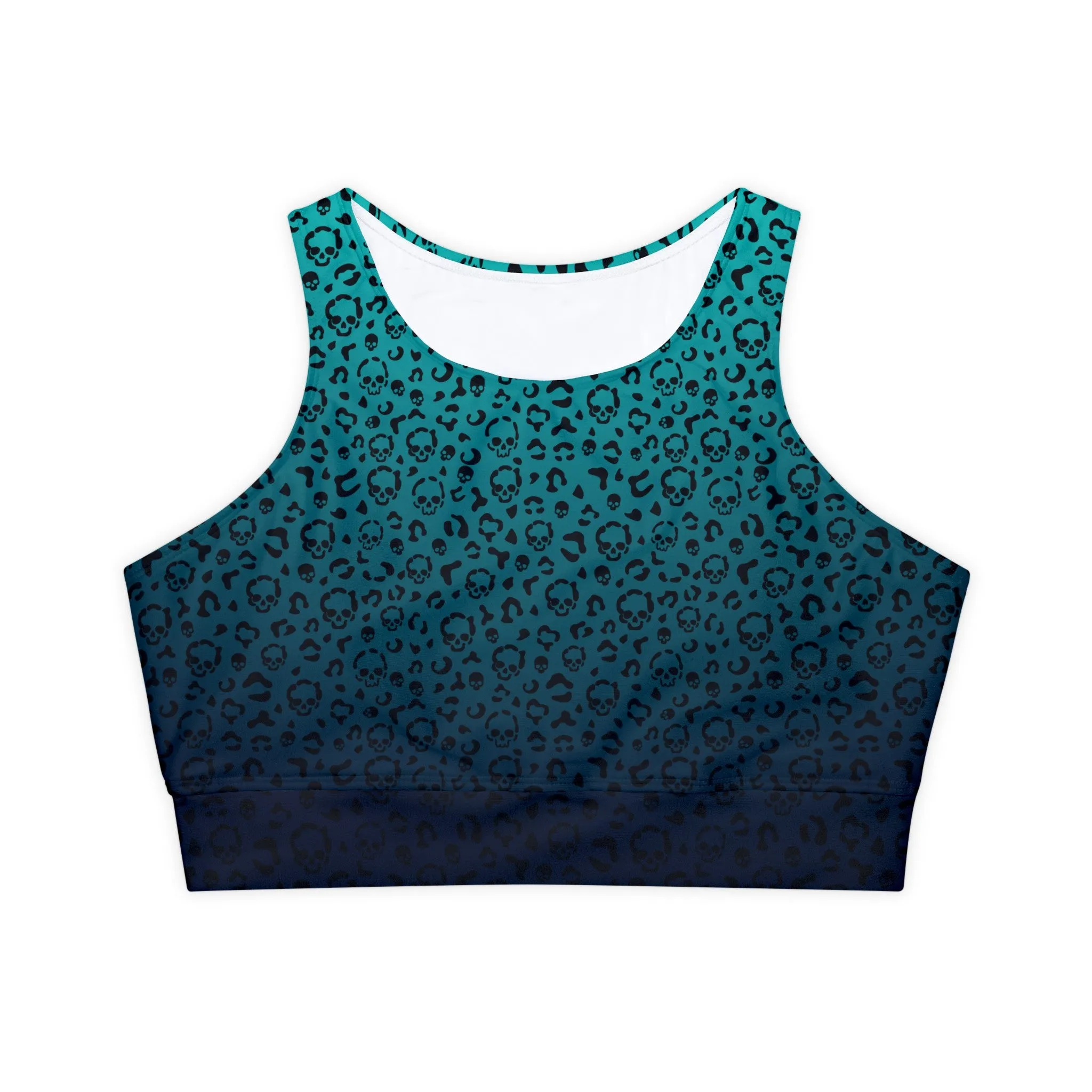 Cheetah Skull in Blue Fully Lined, Padded Sports Bra, Blue Leopard Print Sports Bra, Lined Athletic Top, Fitness Apparel