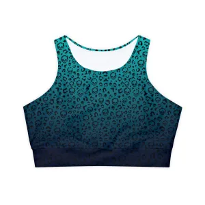 Cheetah Skull in Blue Fully Lined, Padded Sports Bra, Blue Leopard Print Sports Bra, Lined Athletic Top, Fitness Apparel