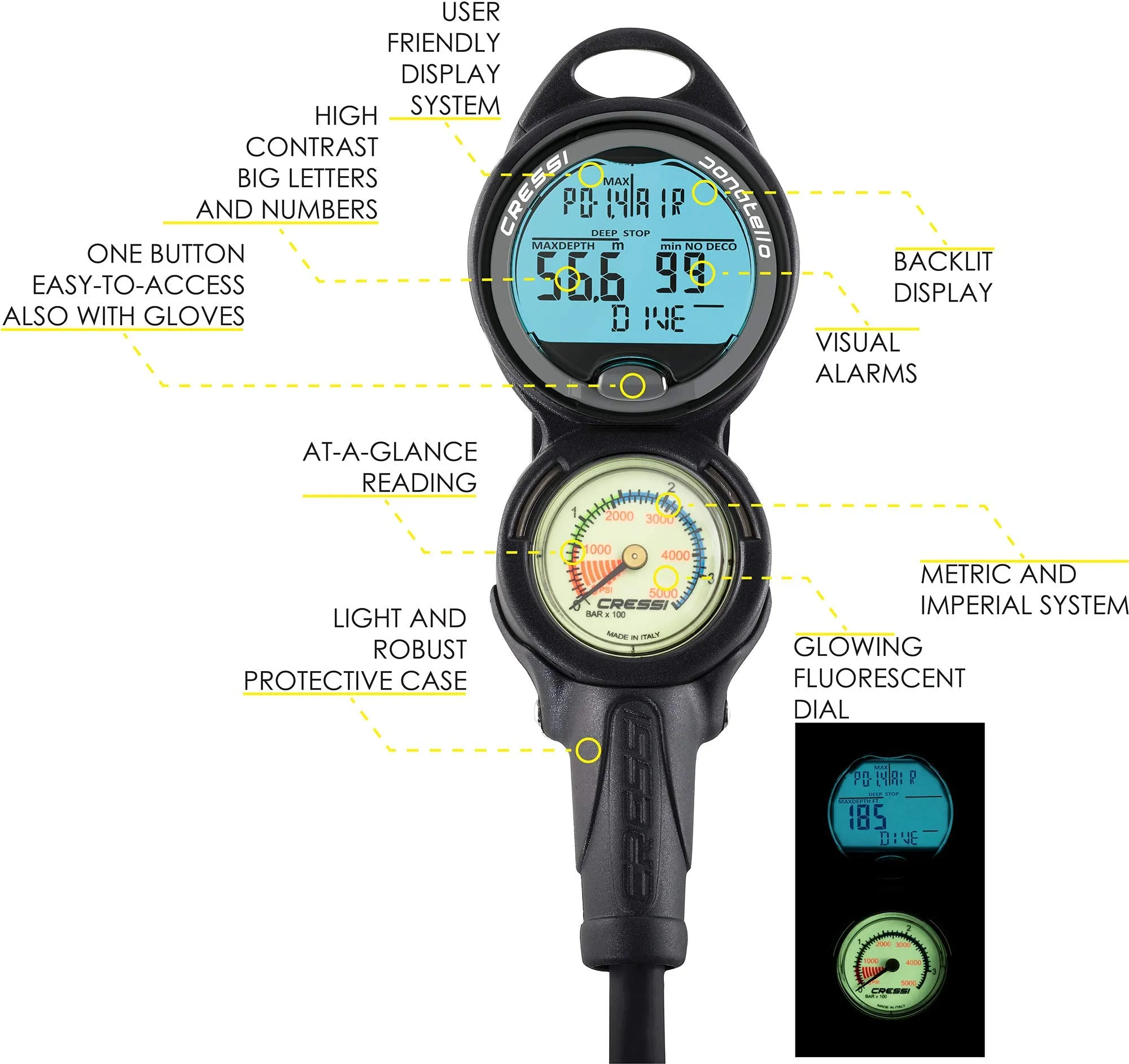 Cressi Scuba Diving Console for Beginners - 4-Dive Modes: Air • Nitrox • Gauge • Free - Long Battery Life - Strong Backlit Display - Console Donatello 2: Made in Italy