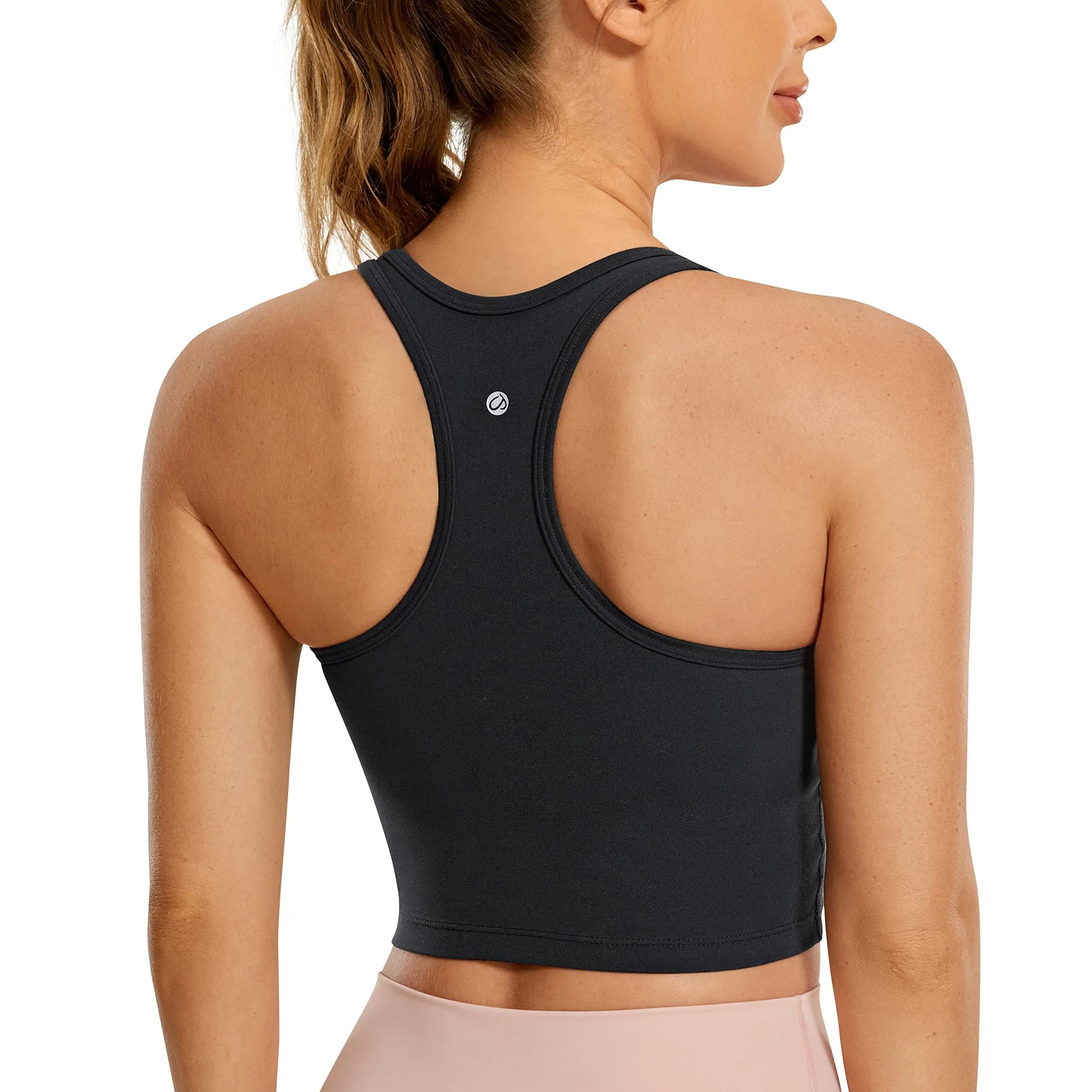 CRZ YOGA Butterluxe Womens Y-Back Racerback Longline Sports Bra - Padded Scoop Neck Workout Crop Tank Top with Built in Pads Black