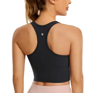 CRZ YOGA Butterluxe Womens Y-Back Racerback Longline Sports Bra - Padded Scoop Neck Workout Crop Tank Top with Built in Pads Black