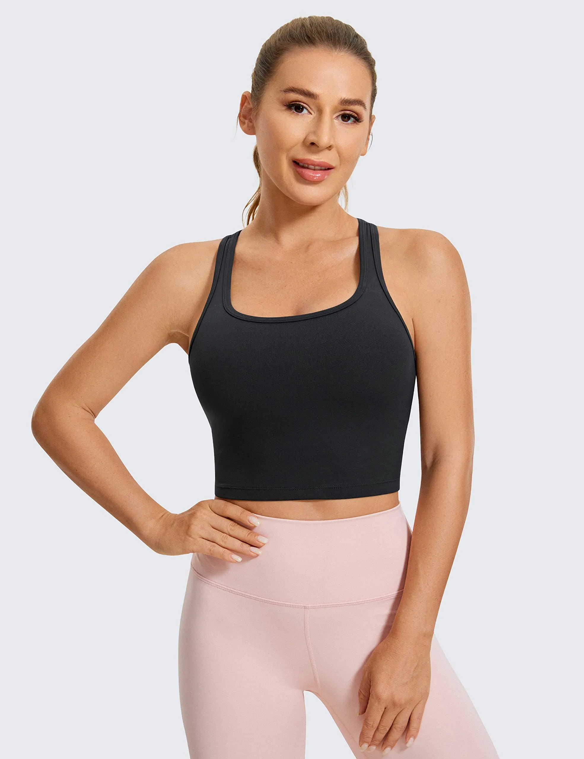 CRZ YOGA Butterluxe Womens Y-Back Racerback Longline Sports Bra - Padded Scoop Neck Workout Crop Tank Top with Built in Pads Black