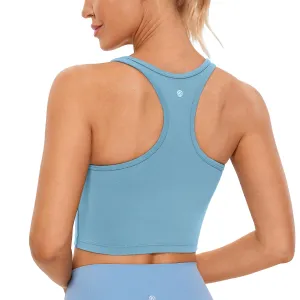CRZ YOGA Butterluxe Womens Y-Back Racerback Longline Sports Bra - Padded Scoop Neck Workout Crop Tank Top with Built in Pads Pure Blue