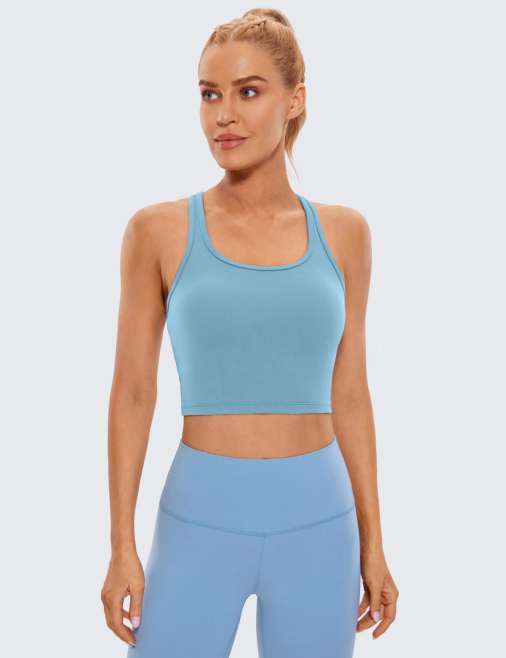 CRZ YOGA Butterluxe Womens Y-Back Racerback Longline Sports Bra - Padded Scoop Neck Workout Crop Tank Top with Built in Pads Pure Blue