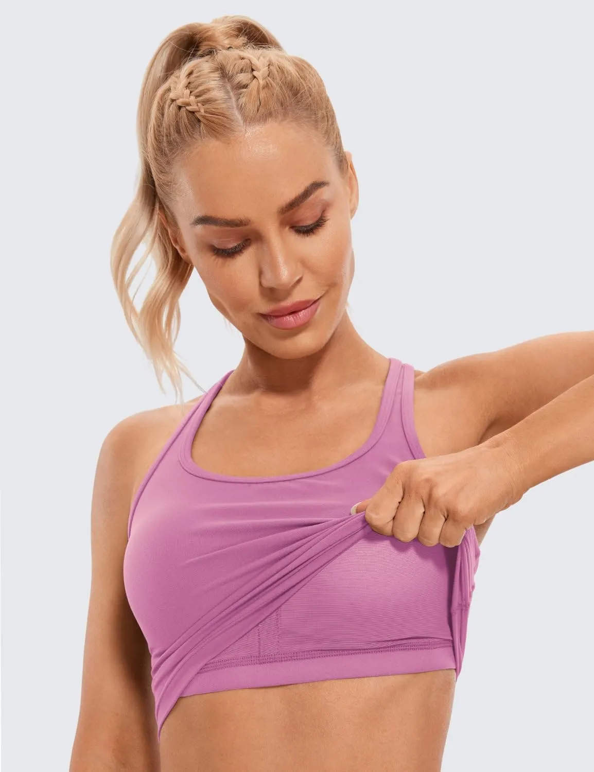 CRZ YOGA Butterluxe Womens Y-Back Racerback Longline Sports Bra - Padded Scoop Neck Workout Crop Tank Top with Built in Pads Velvet Dust