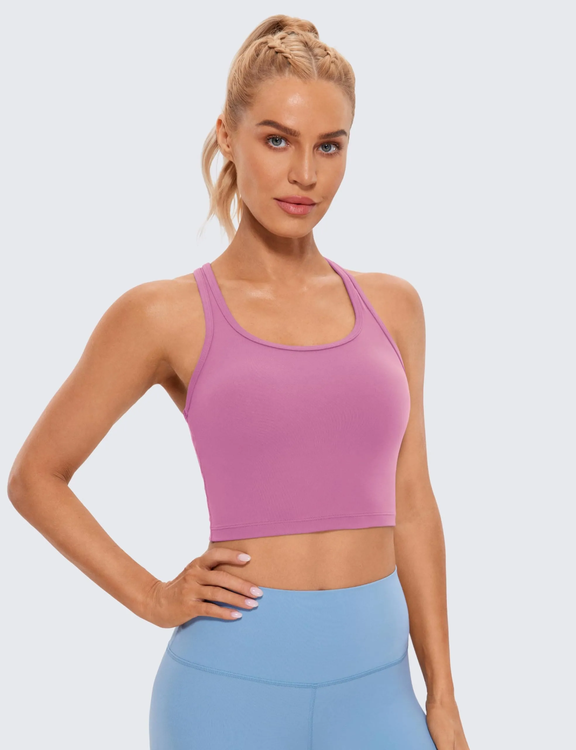 CRZ YOGA Butterluxe Womens Y-Back Racerback Longline Sports Bra - Padded Scoop Neck Workout Crop Tank Top with Built in Pads Velvet Dust
