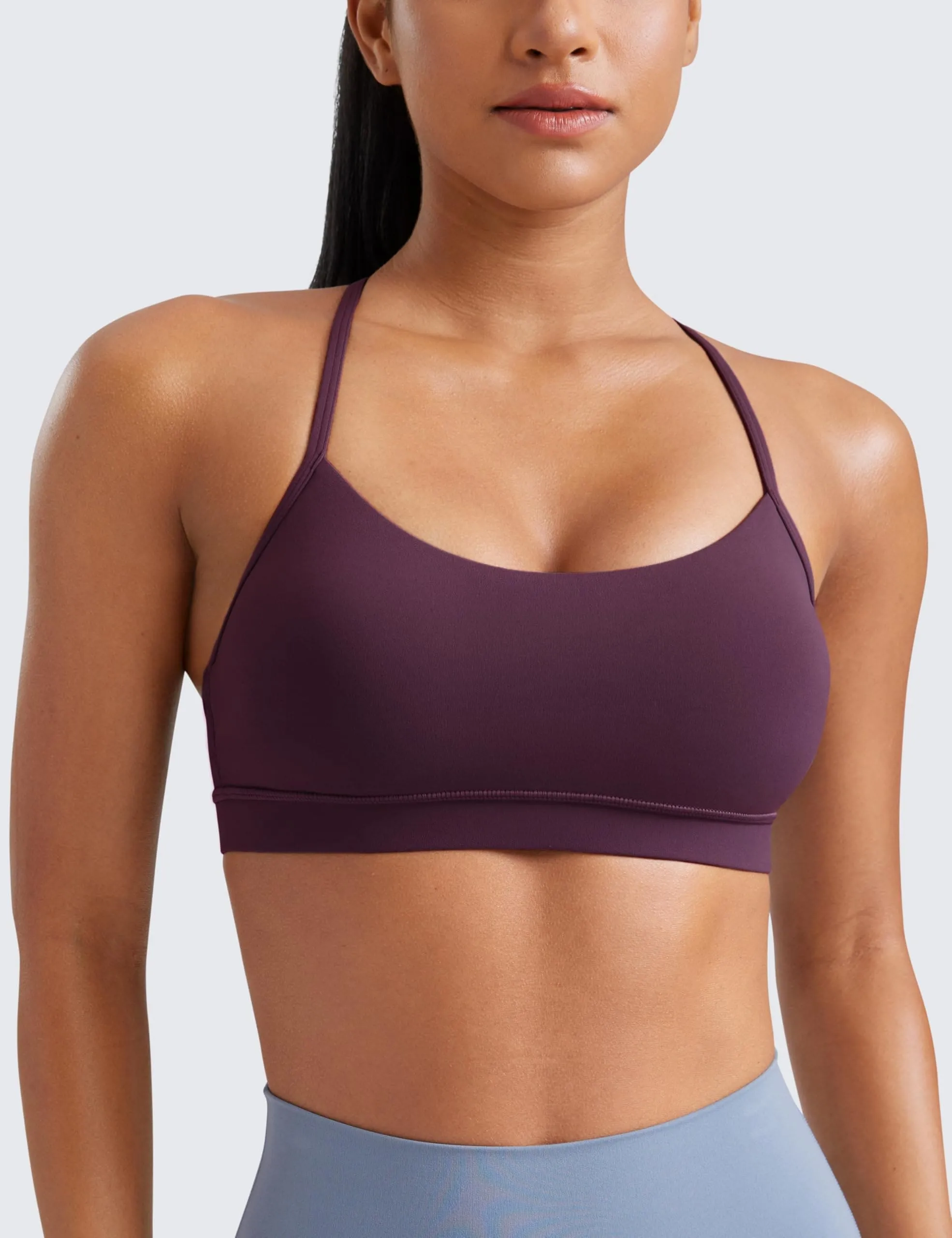 CRZ YOGA Butterluxe Womens Y Back Sports Bra - Padded Racerback Low Impact Spaghetti Thin Strap Workout Yoga Top Deep Purple