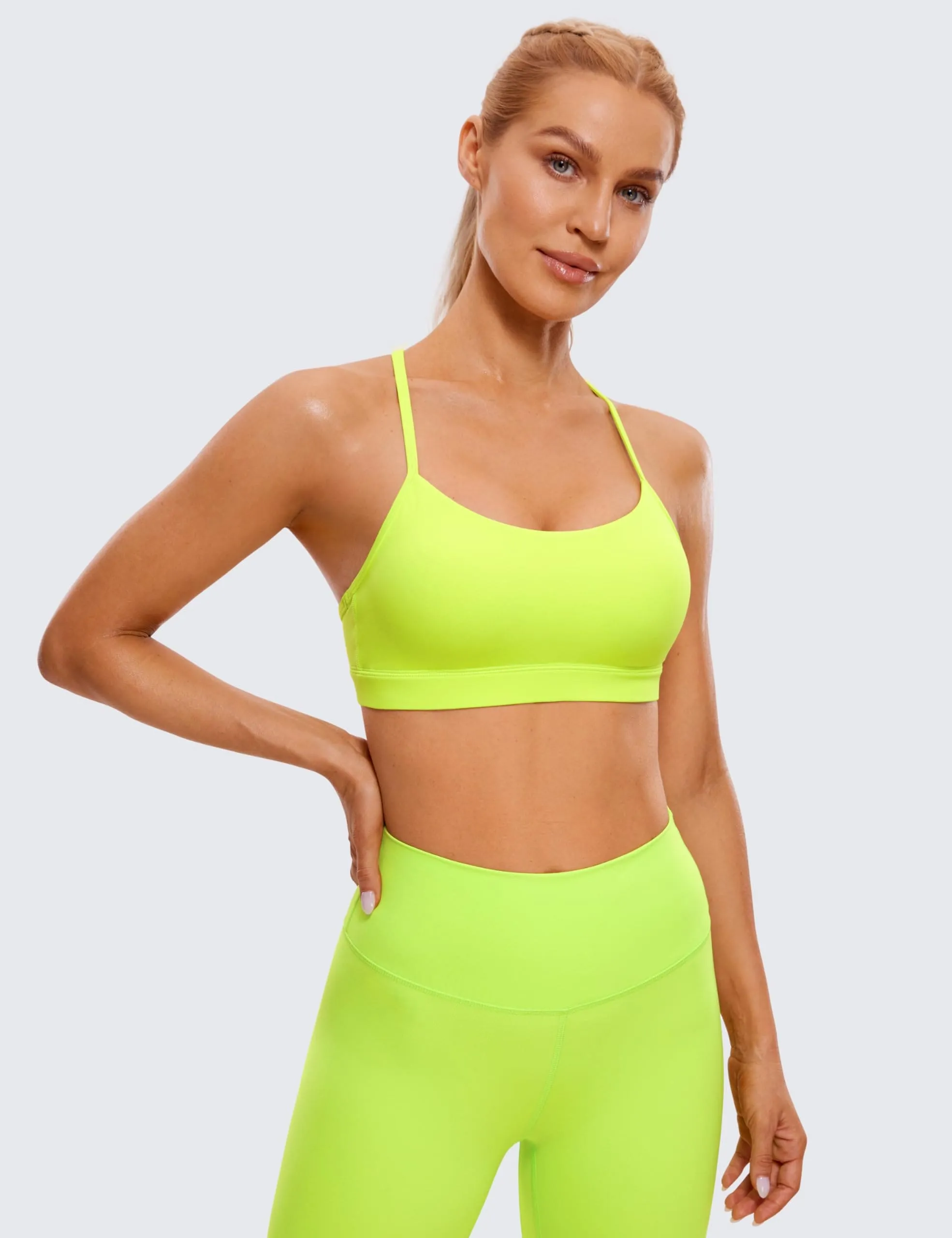 CRZ YOGA Butterluxe Womens Y Back Sports Bra - Padded Racerback Low Impact Spaghetti Thin Strap Workout Yoga Top Neon Yellow