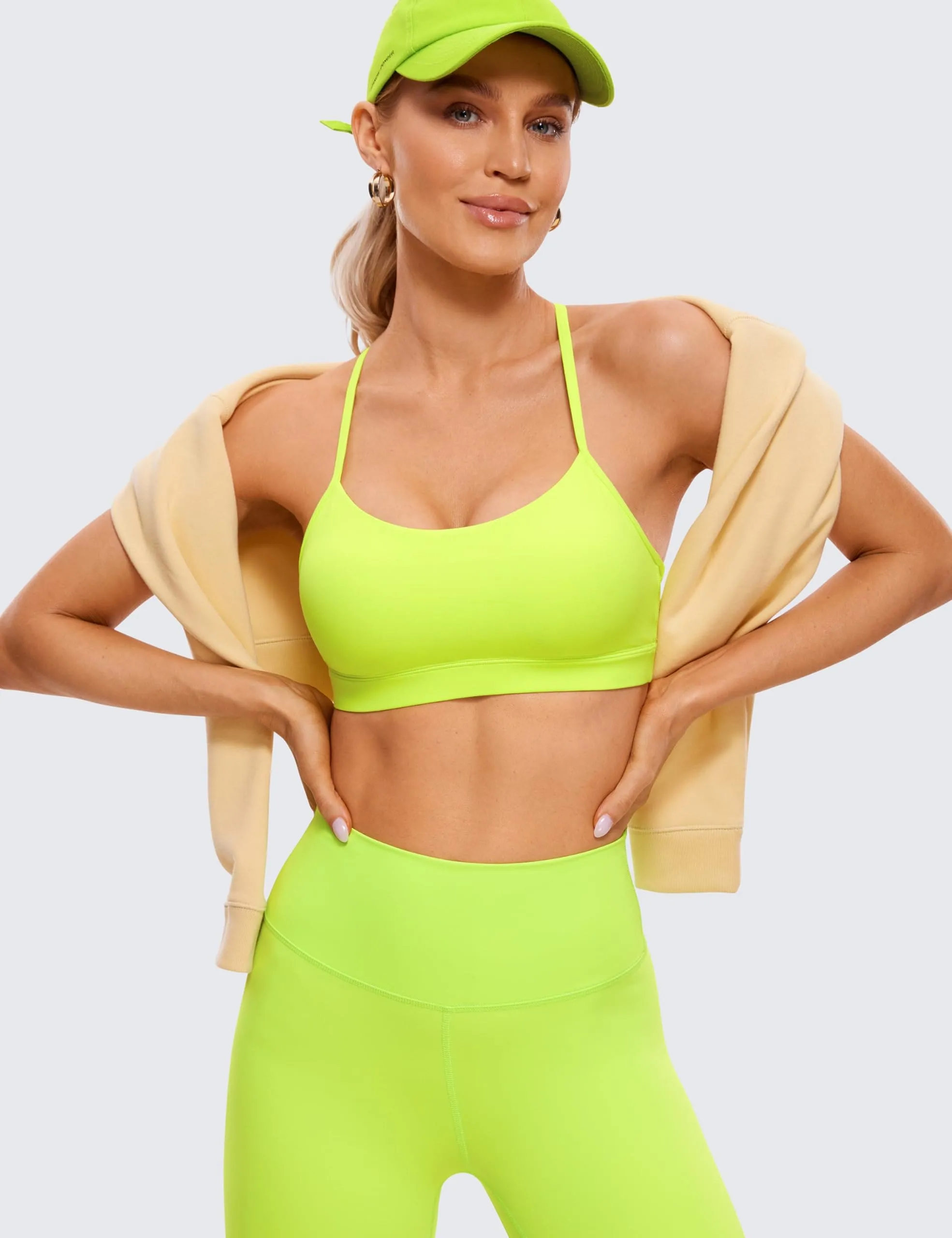 CRZ YOGA Butterluxe Womens Y Back Sports Bra - Padded Racerback Low Impact Spaghetti Thin Strap Workout Yoga Top Neon Yellow