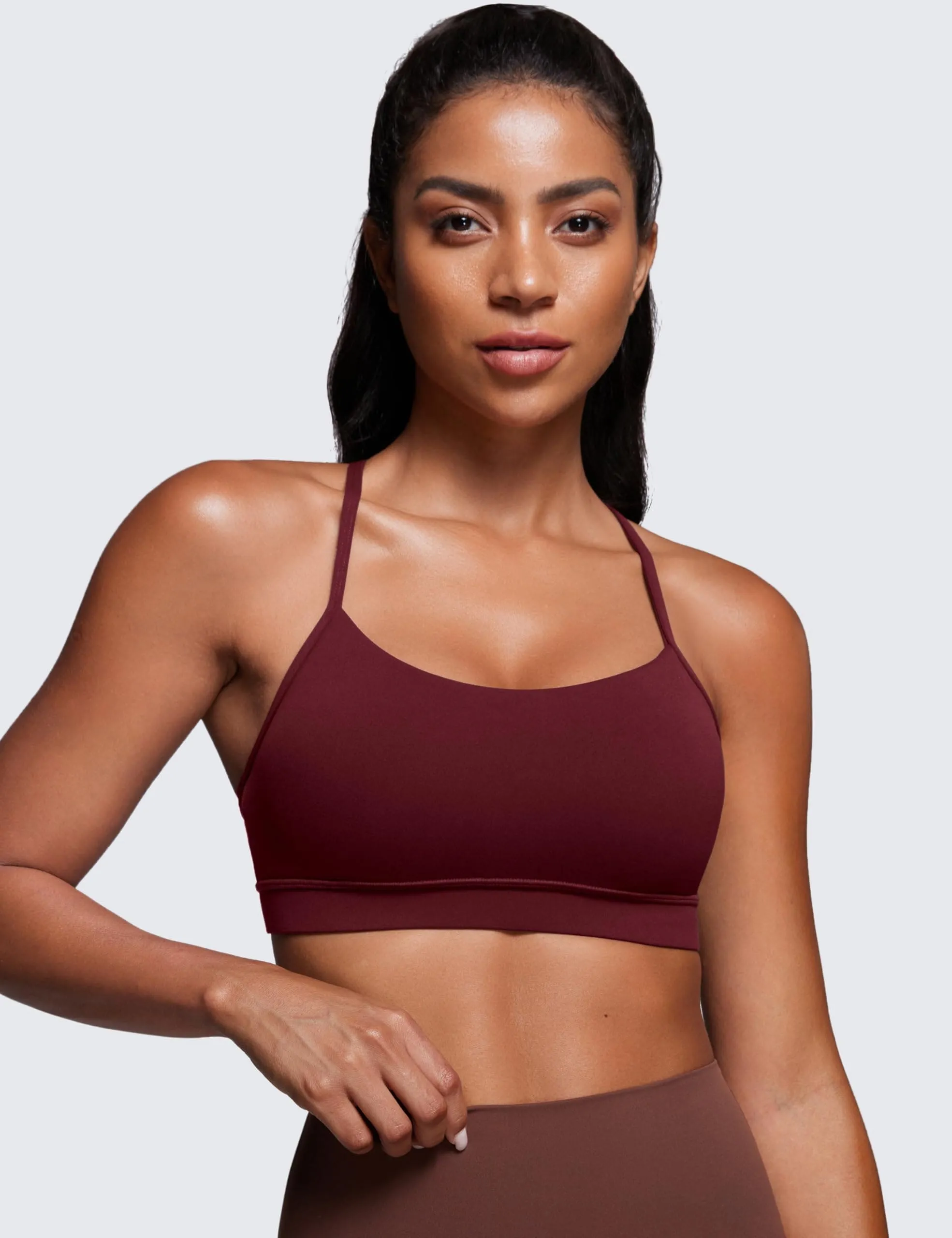 CRZ YOGA Butterluxe Womens Y Back Sports Bra - Padded Racerback Low Impact Spaghetti Thin Strap Workout Yoga Top Red Merlot