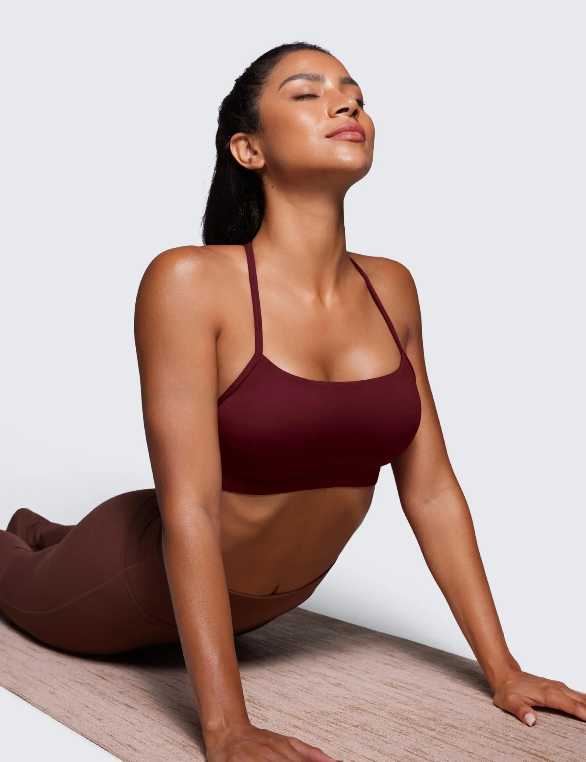 CRZ YOGA Butterluxe Womens Y Back Sports Bra - Padded Racerback Low Impact Spaghetti Thin Strap Workout Yoga Top Red Merlot