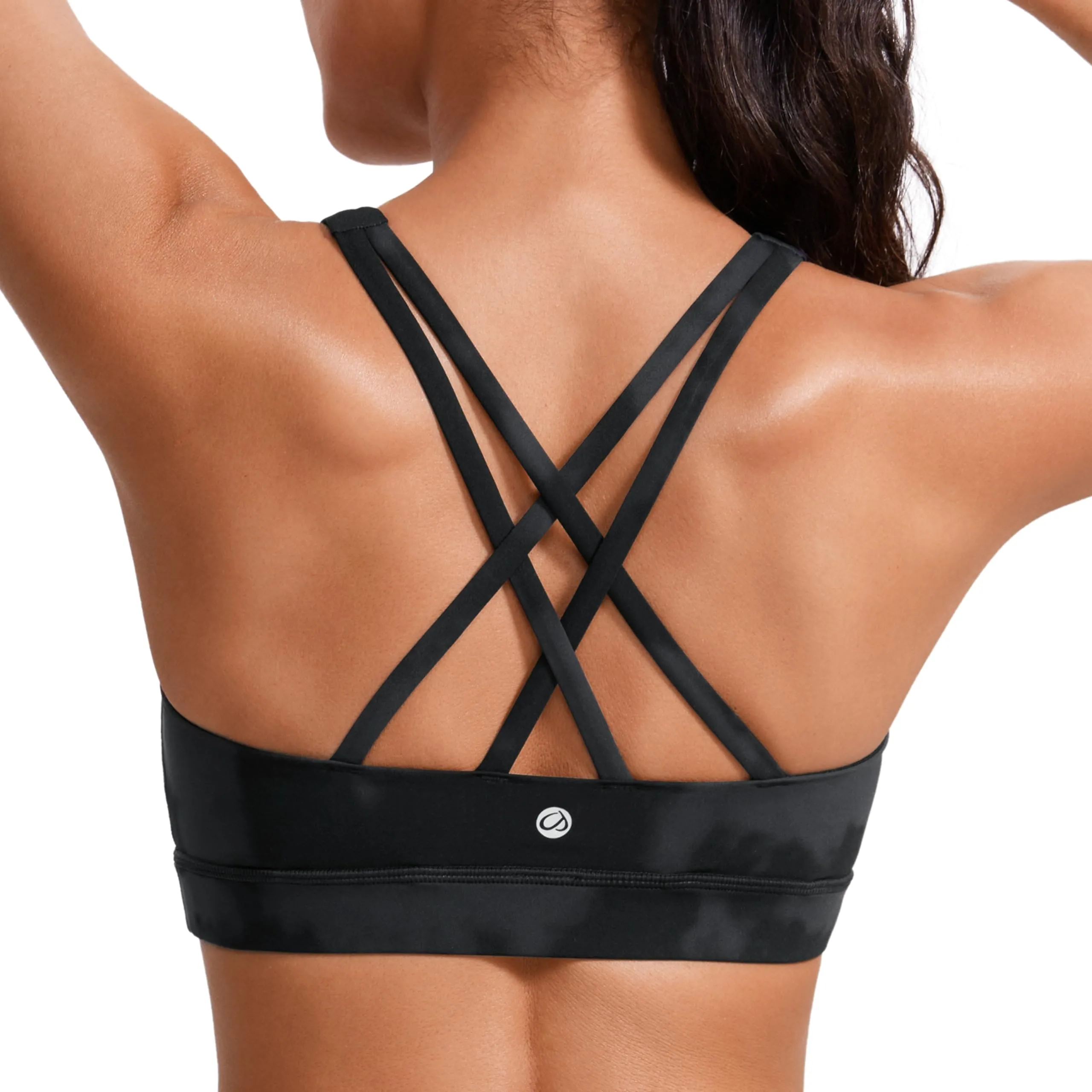 CRZ YOGA Women's Strappy Sports Bras Fitness Workout Padded Yoga Criss Cross Back Cami Black Tie Dye Flowers