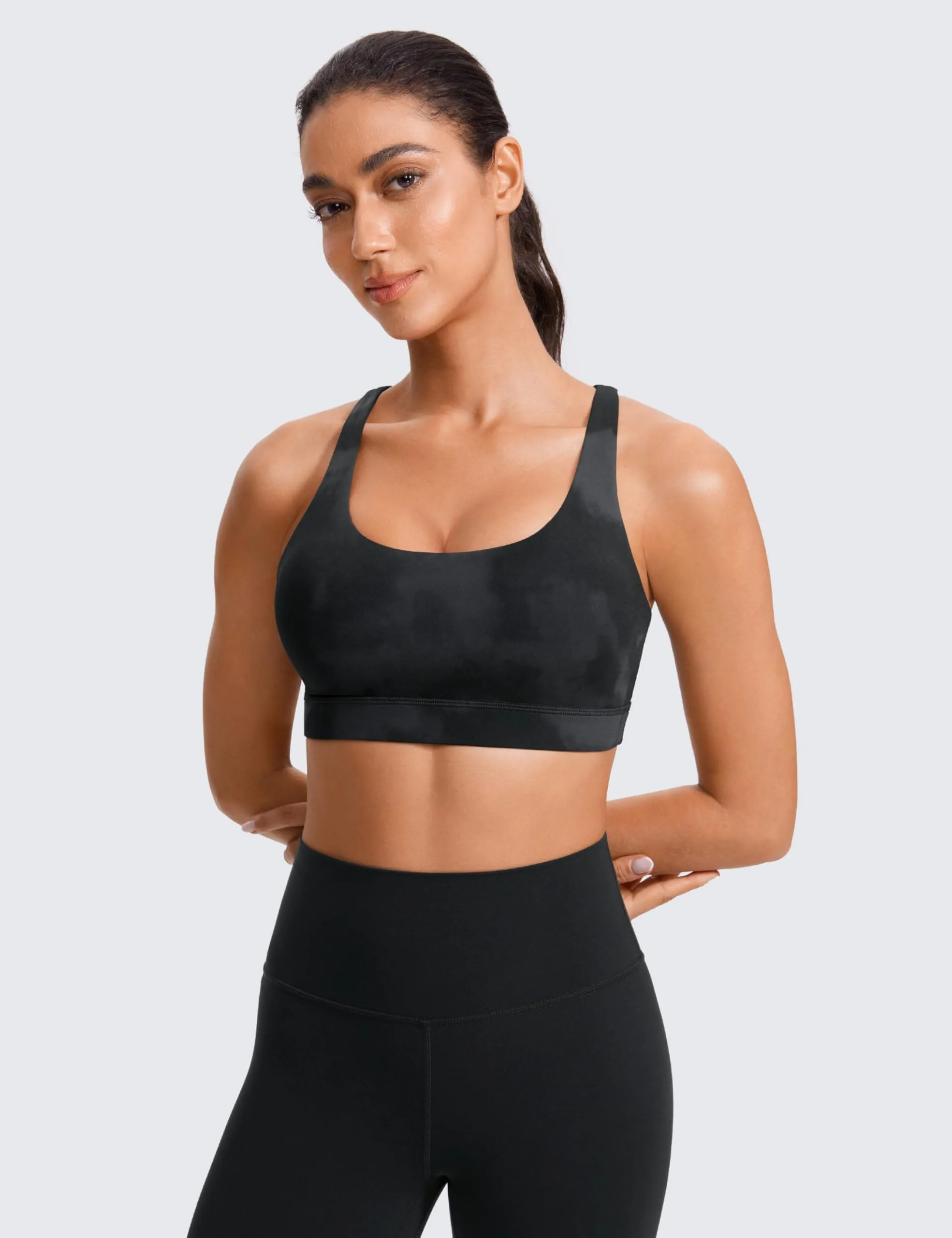 CRZ YOGA Women's Strappy Sports Bras Fitness Workout Padded Yoga Criss Cross Back Cami Black Tie Dye Flowers