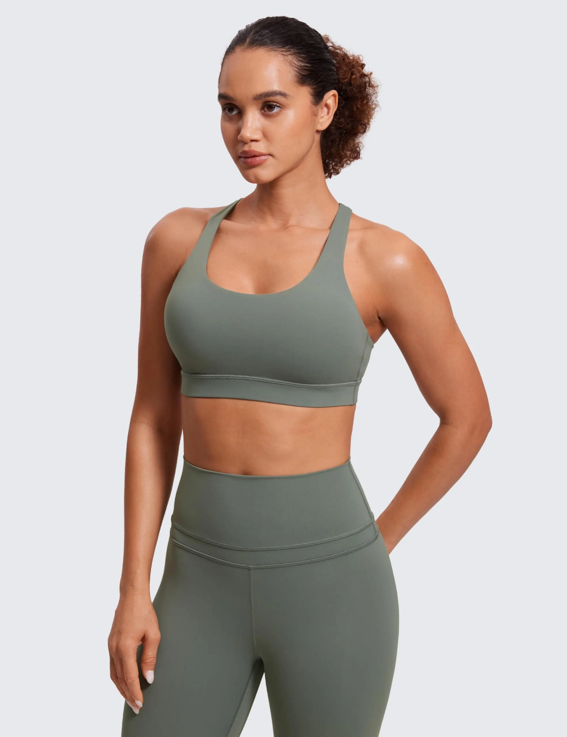 CRZ YOGA Women's Strappy Sports Bras Fitness Workout Padded Yoga Criss Cross Back Cami Grey Sage