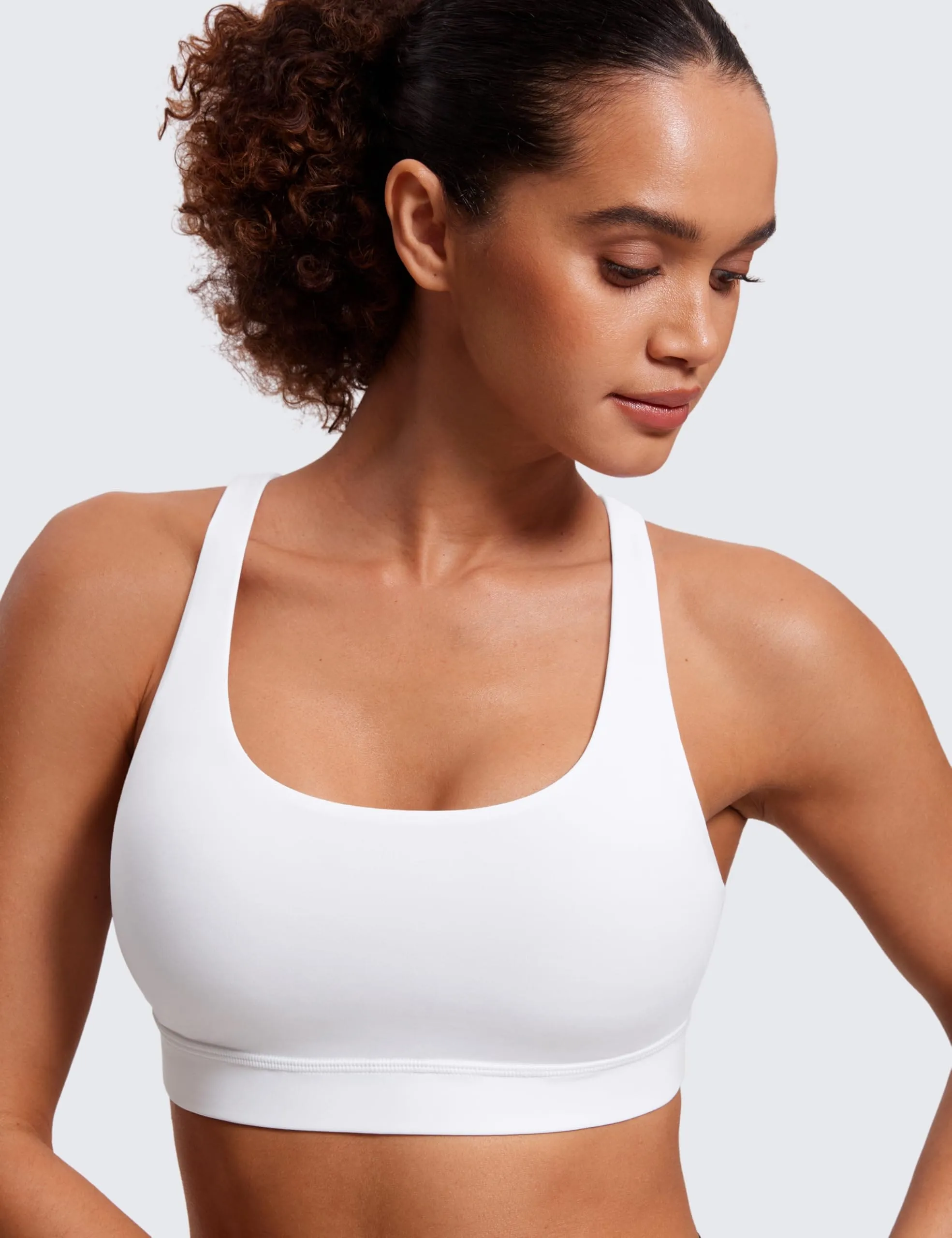 CRZ YOGA Women's Strappy Sports Bras Fitness Workout Padded Yoga Criss Cross Back Cami White