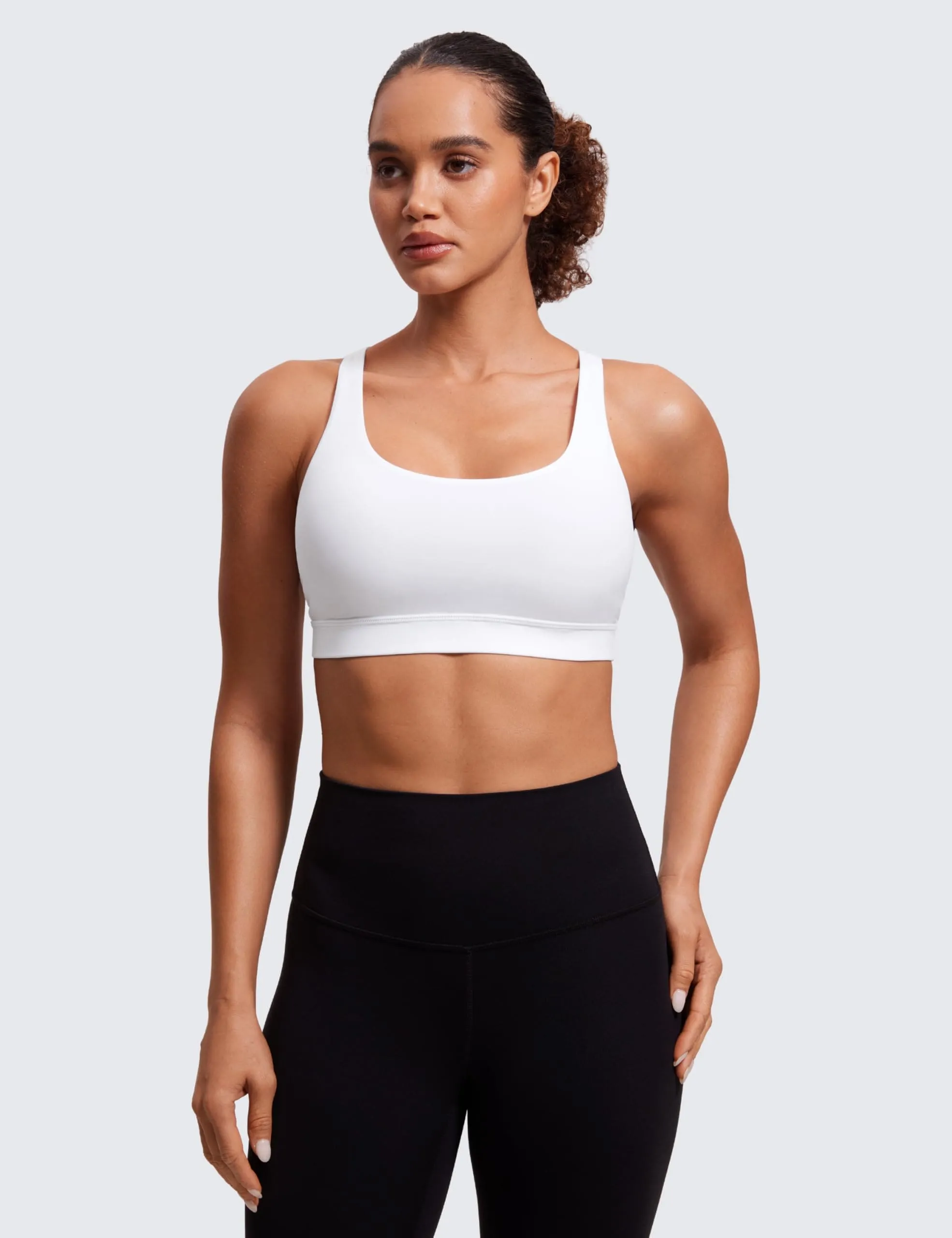 CRZ YOGA Women's Strappy Sports Bras Fitness Workout Padded Yoga Criss Cross Back Cami White