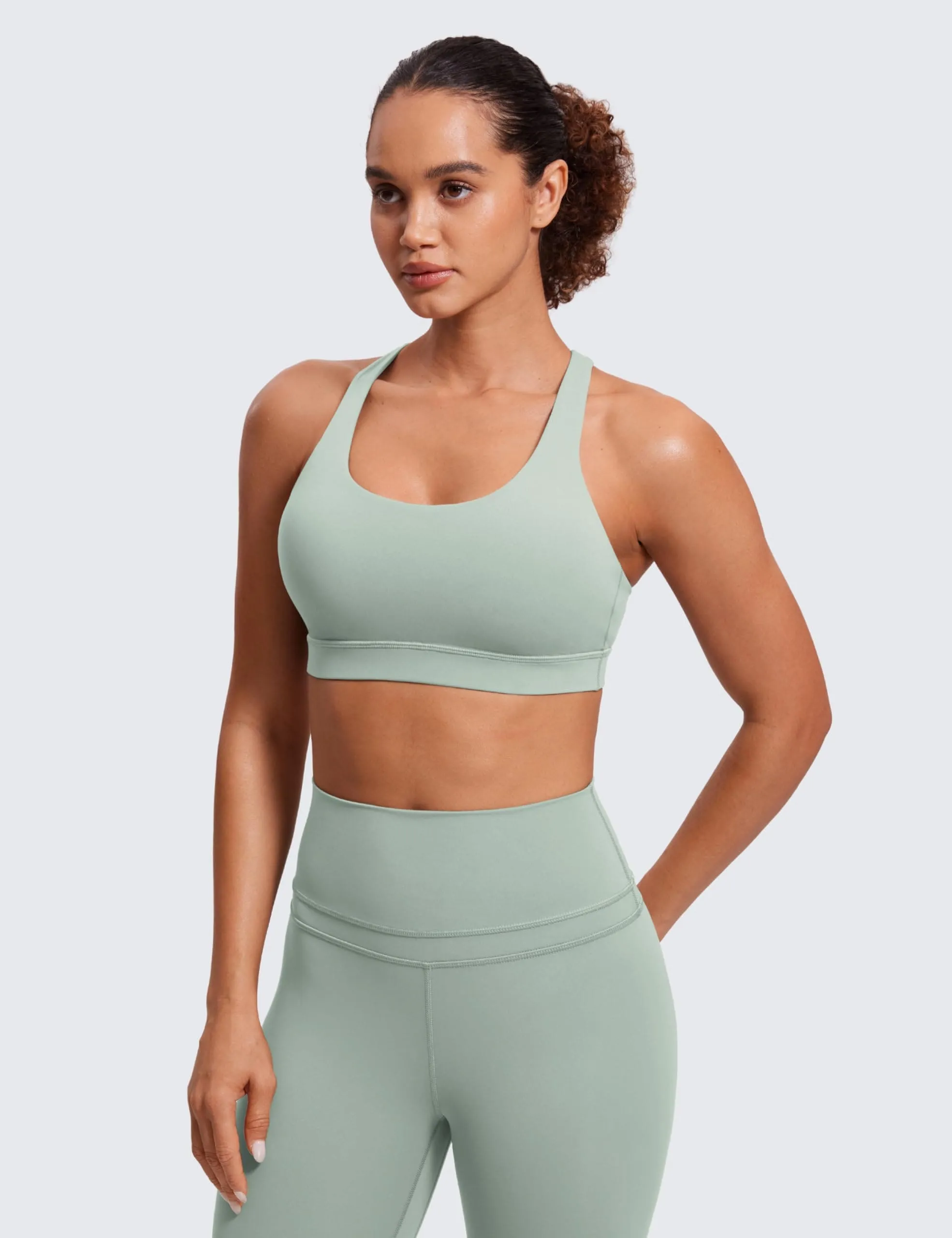 CRZ YOGA Women's Strappy Sports Bras Fitness Workout Padded Yoga Top Criss Cross Back Cami Green Palm Court