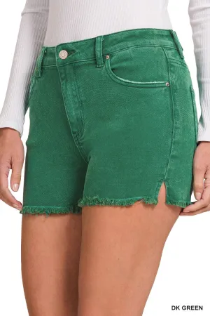 Dark Green Acid Wash Hem Shorts
