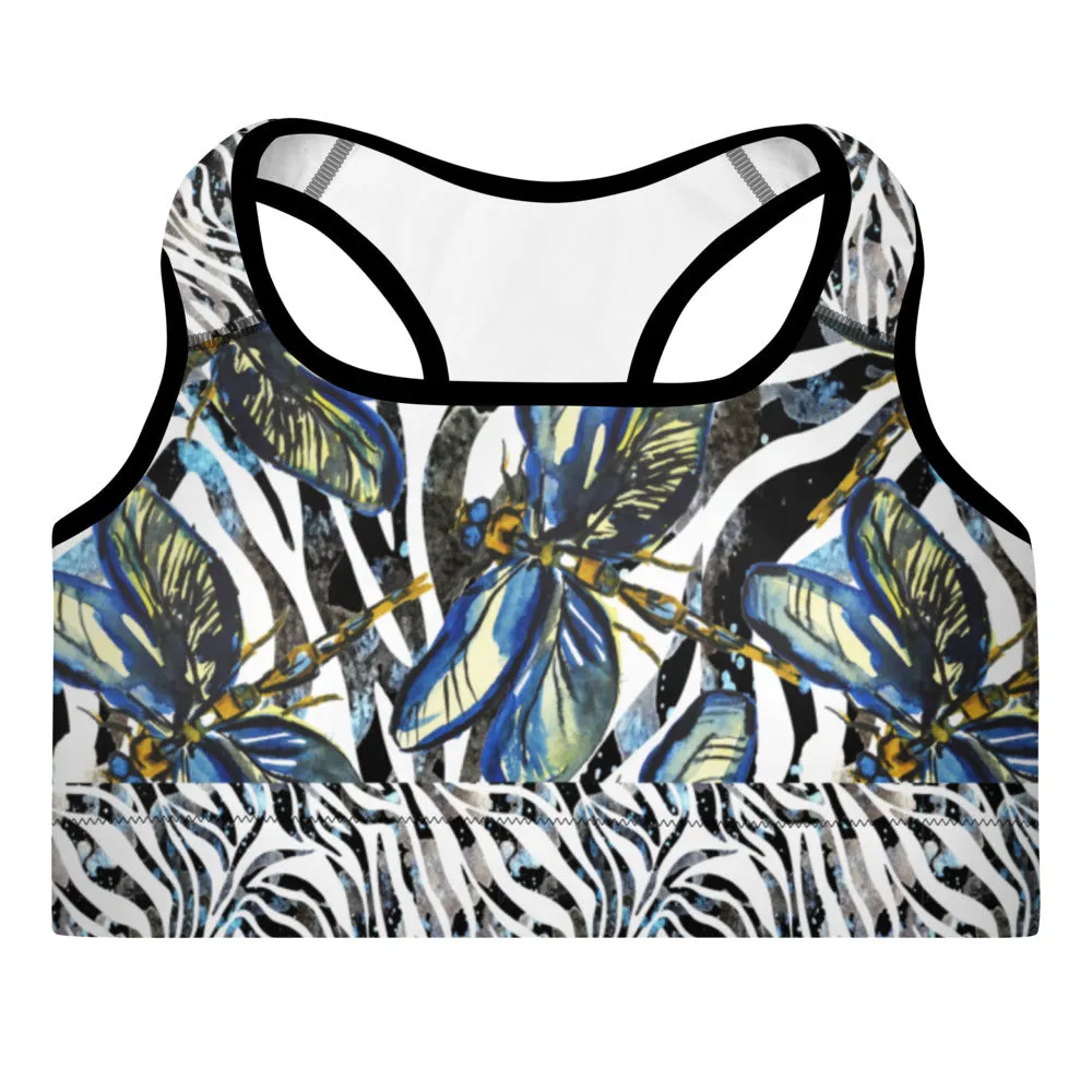 Dragonflies on Zebra - Padded Sports Bra